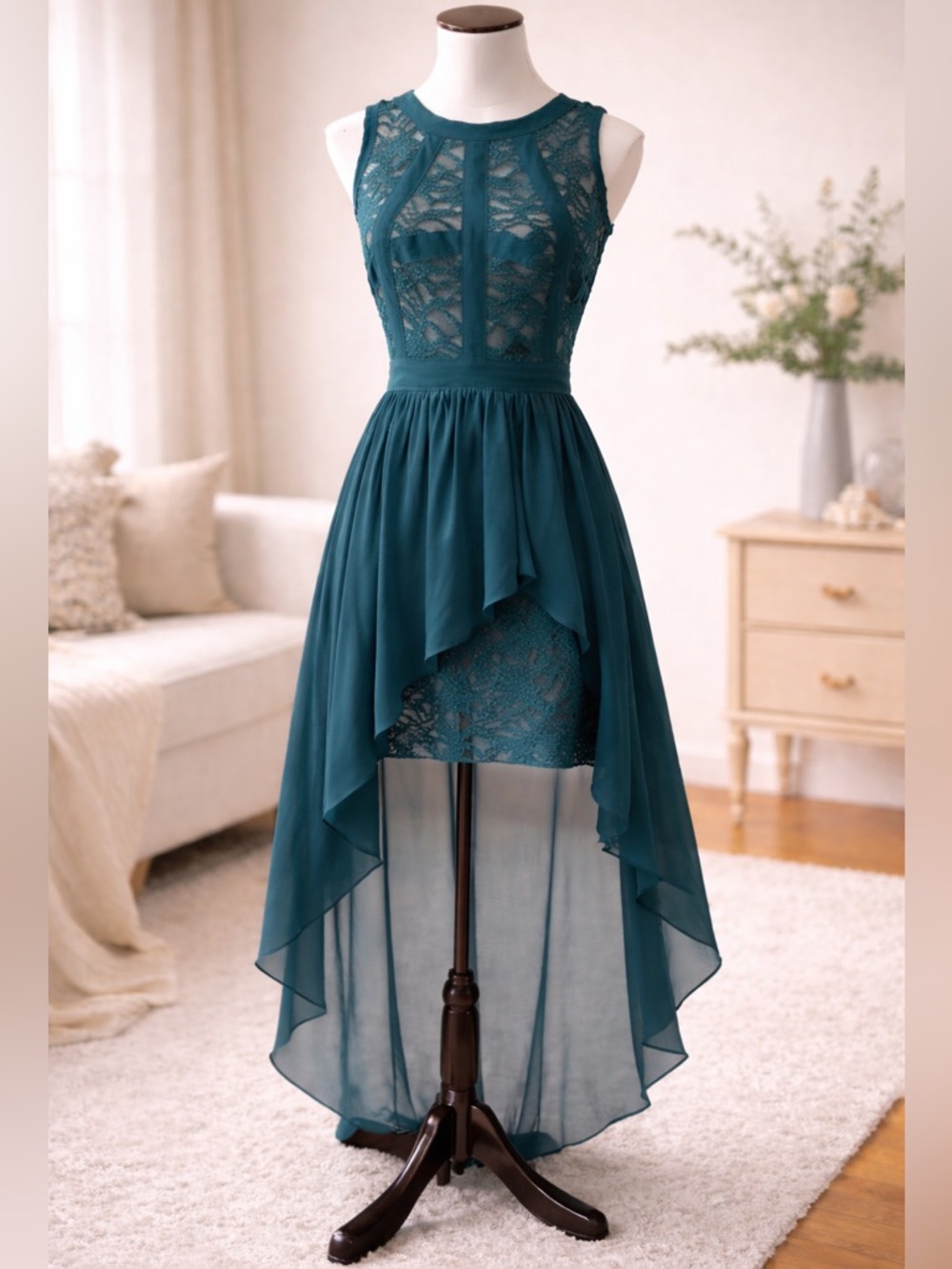 Morgan & Co Teal Lace High Low Dress Chiffon Mini Cocktail Wedding
